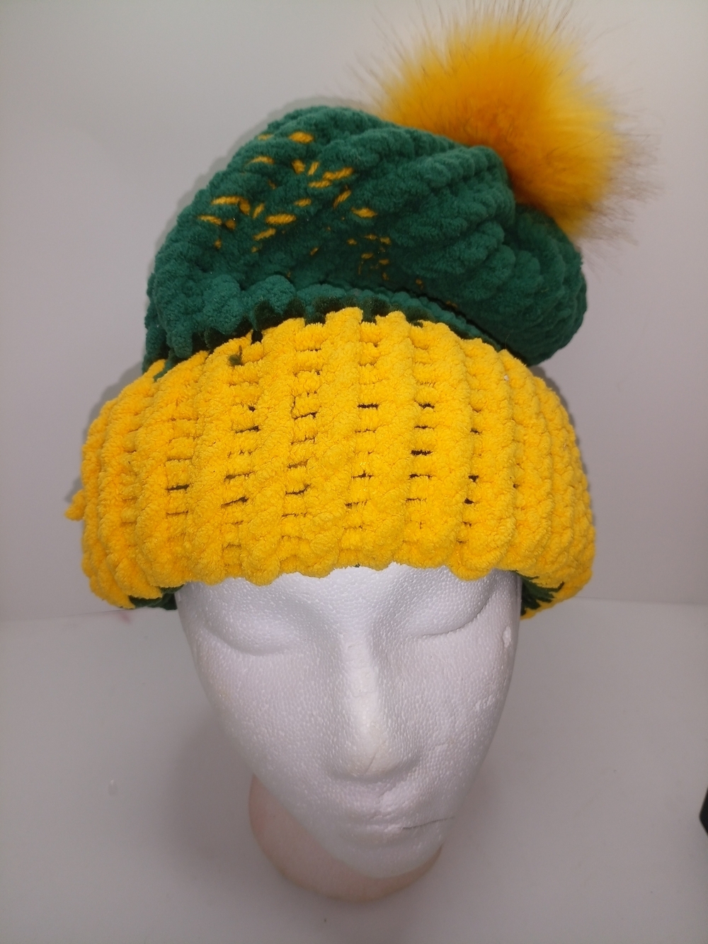 Chunky Knit Beanie in Green and Yellow
